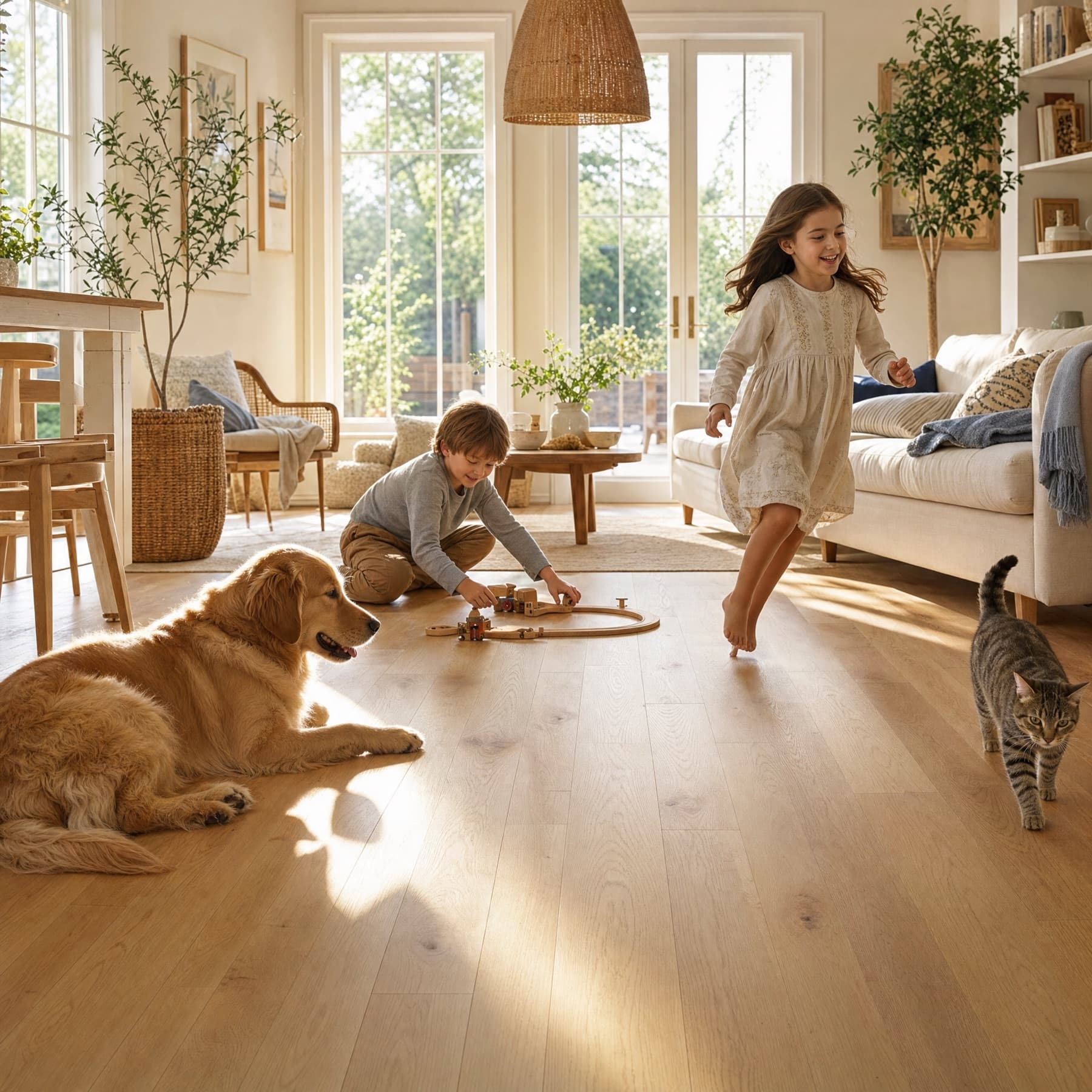 Kids and pets playing on Hansen Hardened Oak flooring
