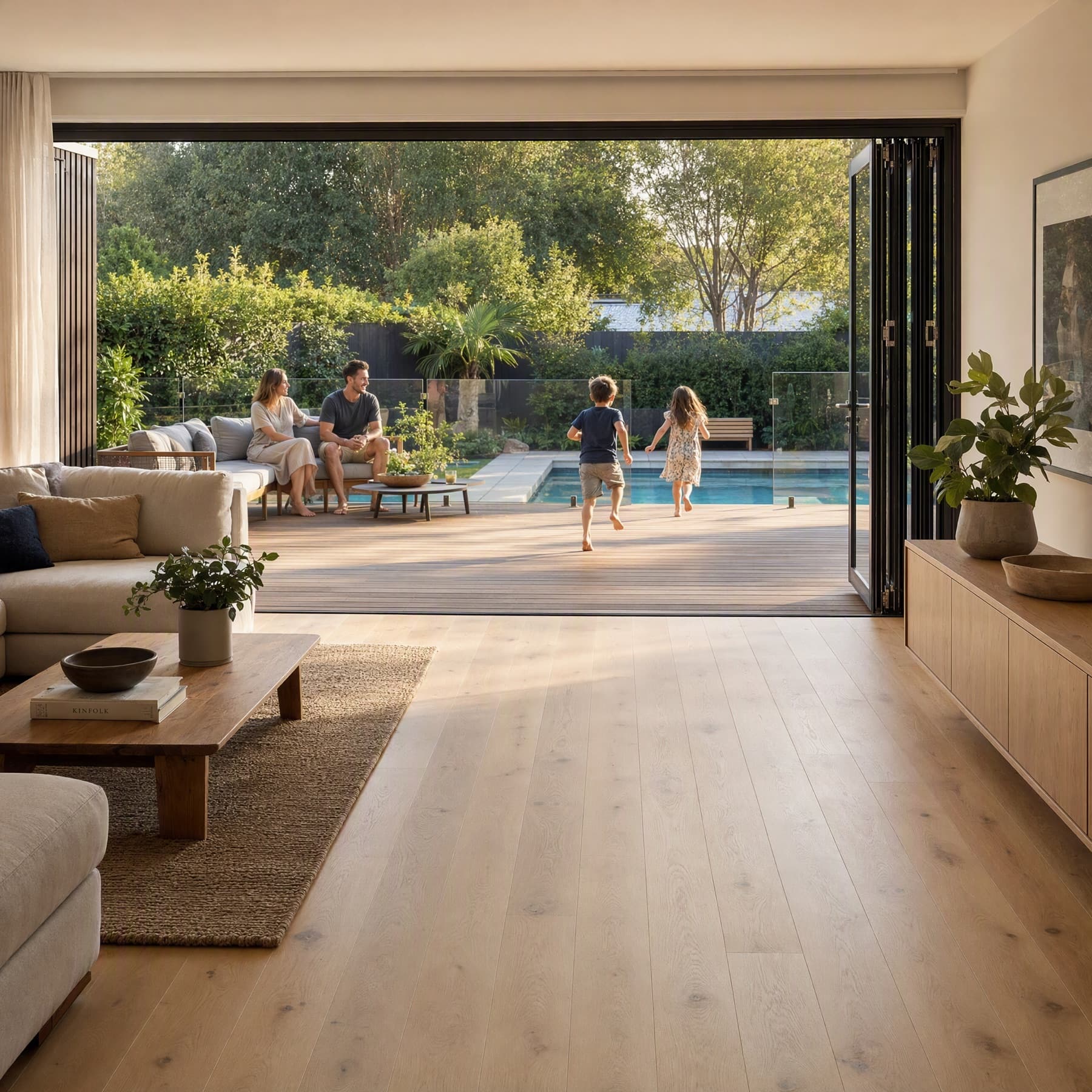An indoor-outdoor living space with Hansen Hardened Oak flooring